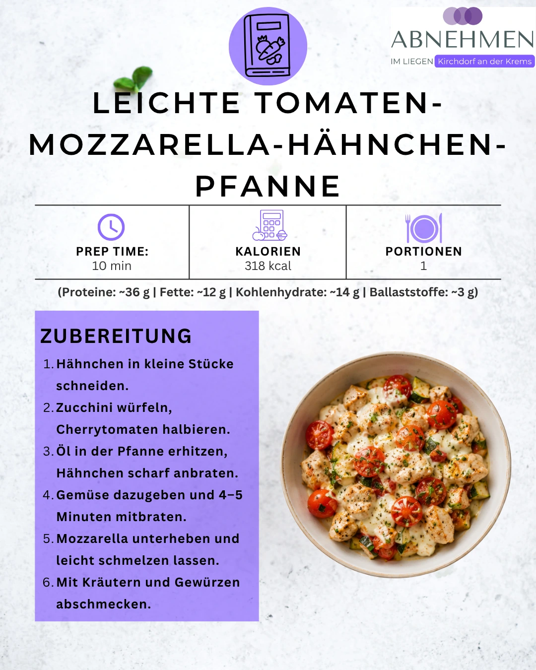 Leichte Tomaten-Mozzarella-Hähnchen-Pfanne – Original-Rezeptkarte 2