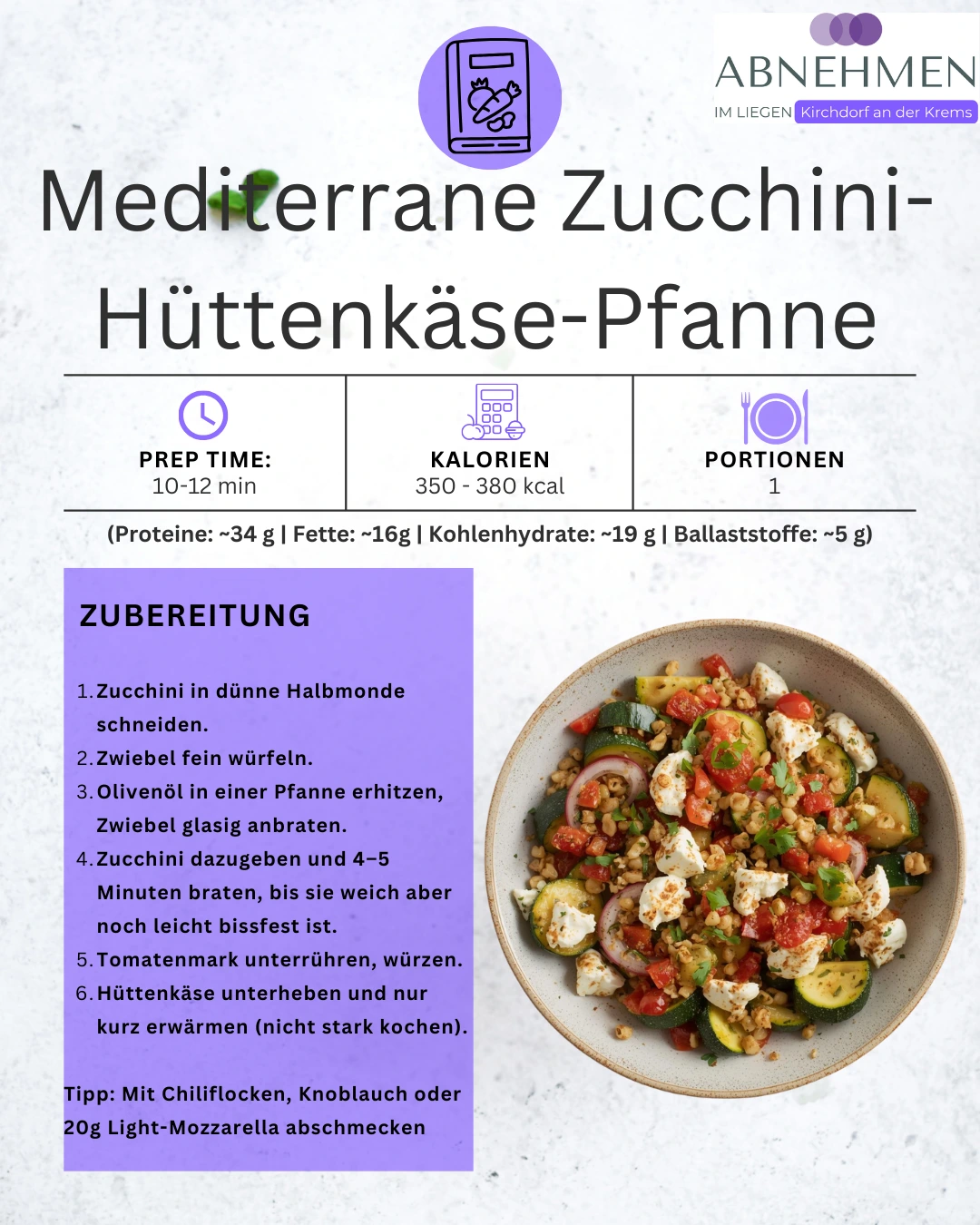 Mediterrane Zucchini-Hüttenkäse-Pfanne – Original-Rezeptkarte 2